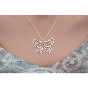 Sterling Silver Butterfly Pendant Necklace, Large Butterfly Charm Necklace